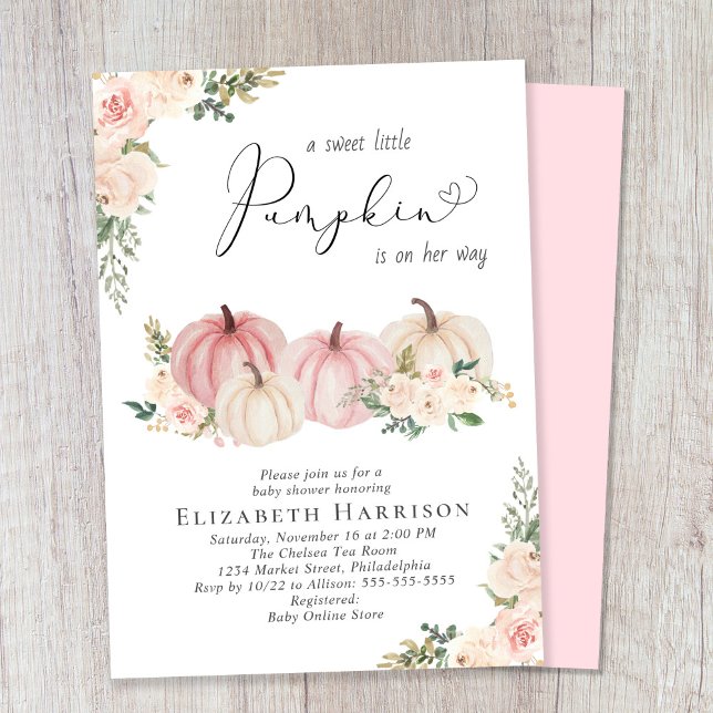 Invitation Élégant Citrouille rose Floral Baby Girl Douche (Celebrate the upcoming arrival of your sweet little autumn baby with a pumpkin-themed baby shower)