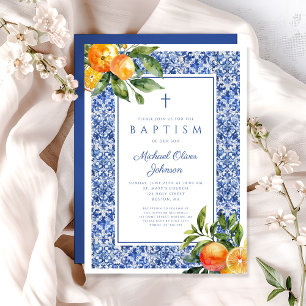 Invitation Élégant Citrus Carreaux Bleus Religieux Garçon Bap