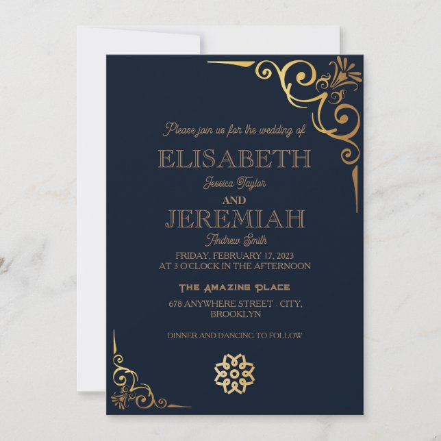 Invitation élégant Classic luxe bleu or mariage photo (Devant)