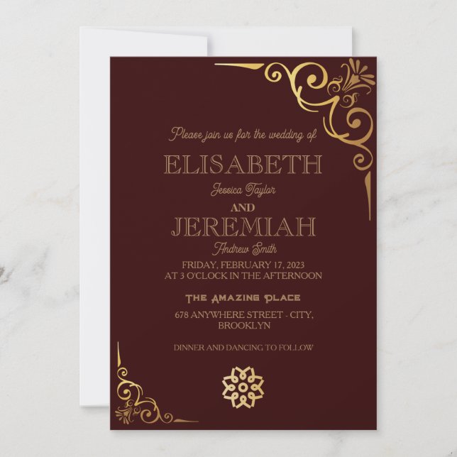 Invitation élégant Classic luxe rouge or mariage photo (Devant)