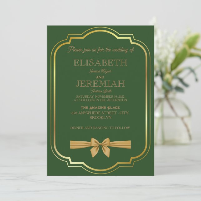 Invitation élégant Classic luxueux mariage or vert (Debout devant)