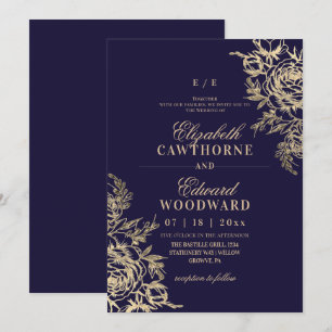Invitation Élégant Classique Bleu Nuit Or Fleurs Mariage