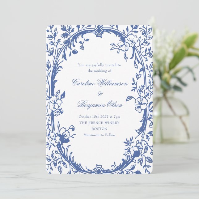 Invitation Élégant Classique Bleu Pays Français Floral Mariag (Debout devant)