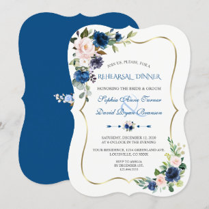 Invitation Élégant classique bleu rose Fleurs Dîner de répéti