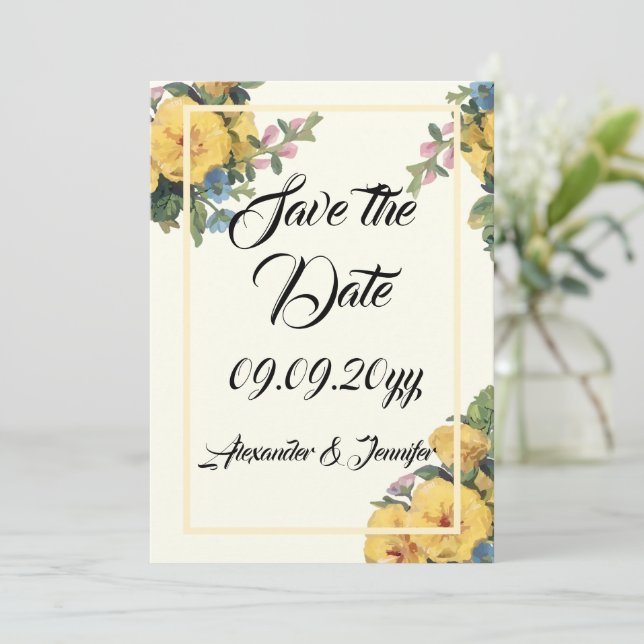 Invitation Élégant classique floral jaune save the date  (Debout devant)