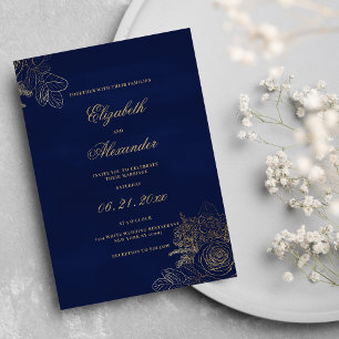 Invitation Élégant classique marine bleu feuille d'or mariage