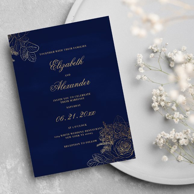Invitation Élégant classique marine bleu feuille d'or mariage (Elegant classic navy blue gold foil floral wedding)