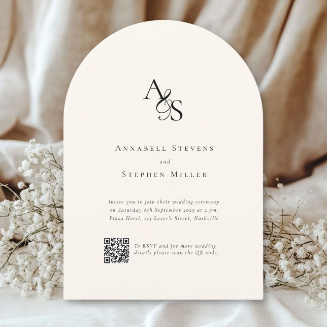 Invitation Élégant, classique, monogramme, beige, QR Code Mar (Elegant, Classic, Monogram, Beige, QR Code Wedding Invitation)