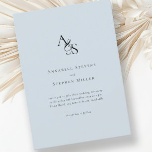 Invitation Élégant, Classique, Monogramme, Bleu clair, Mariag