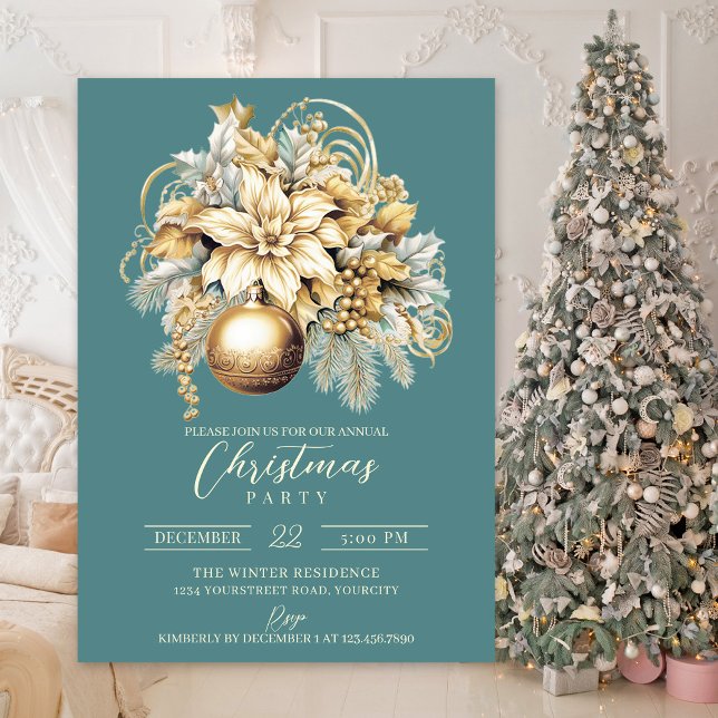 Invitation Élégant classique or turquoise luxe Noël (Gold luxury elegant Christmas party invitation)