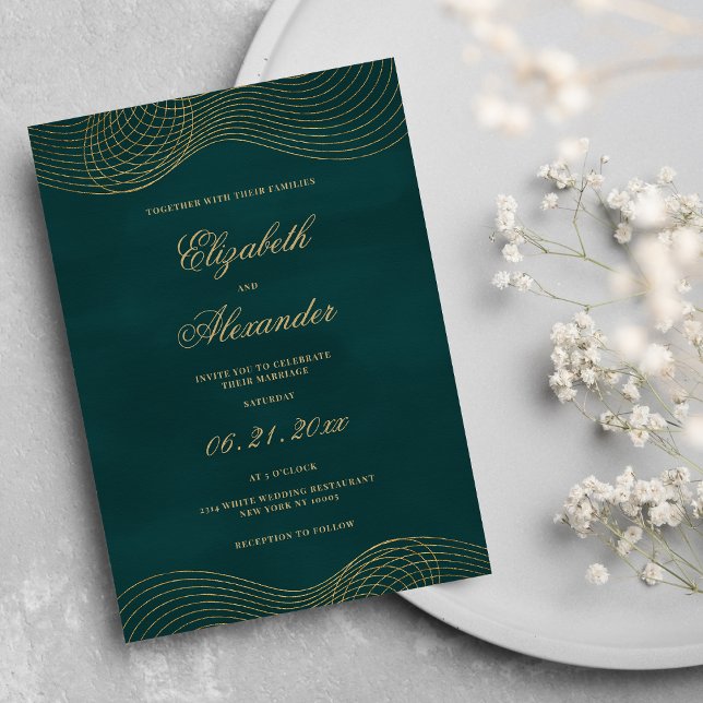 Invitation Élégant classique vert foncé mariage géométrique (Elegant classic dark green gold geometric wedding )