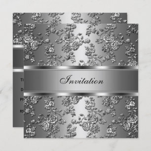 Invitation Elegant Classy Argent Embossé Floral