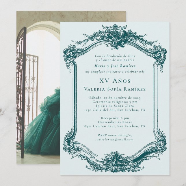 Invitation Élégant Classy Emerald Quinceañera 15e anniversair (Devant / Derrière)