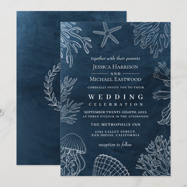 Invitation Elégant Classy Navy Coral Beach Mariage (Devant / Derrière)
