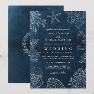 Invitation Elégant Classy Navy Coral Beach Mariage