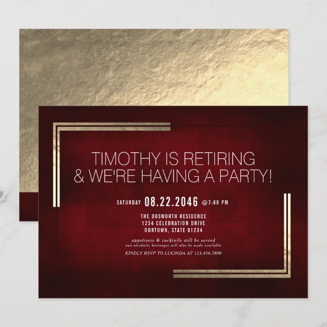 Invitation Élégant Classy Red/Gold Retraite Party (Devant / Derrière)