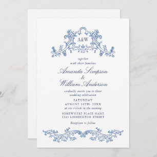Invitation Elégant code QR baroque Dusty Blue Classy Mariage