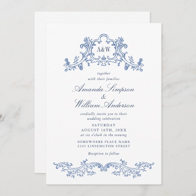 Invitation Elégant code QR baroque Dusty Blue Classy Mariage (Devant / Derrière)
