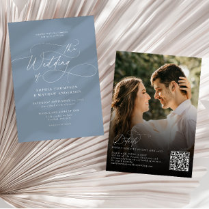 Invitation Élégant Code QR Bleu Poussiéreux Rsvp Photo Mariag