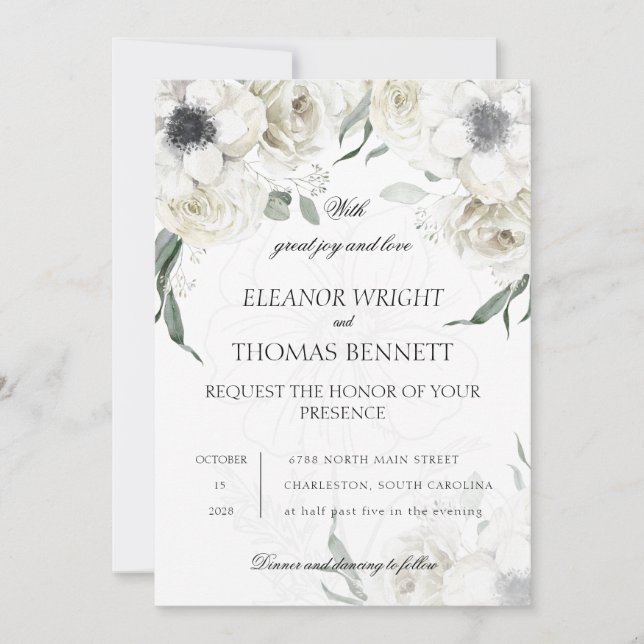 Invitation Élégant Code QR de Fleurs de Verdure Blanches pour (Devant)