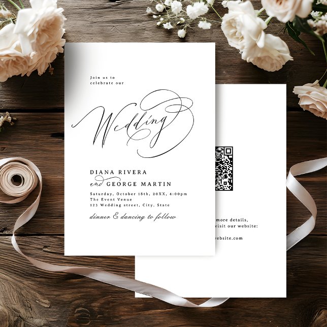 Invitation Élégant code QR de mariage à tourbillon de script (Elegant Swirl Script Simple QR code Wedding Invitation)