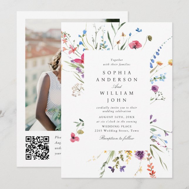 Invitation Élégant code QR de mariage aux fleurs sauvages aqu (Devant / Derrière)