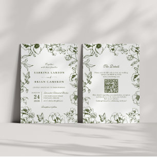 Invitation Élégant code QR de mariage de jardin floral vert o
