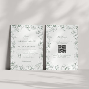Invitation Élégant code QR de mariage de jardin floral vert s