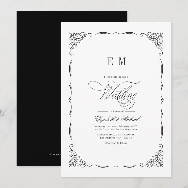 Invitation Élégant Code QR de Mariage Noir & Blanc Monogrammé (Devant / Derrière)