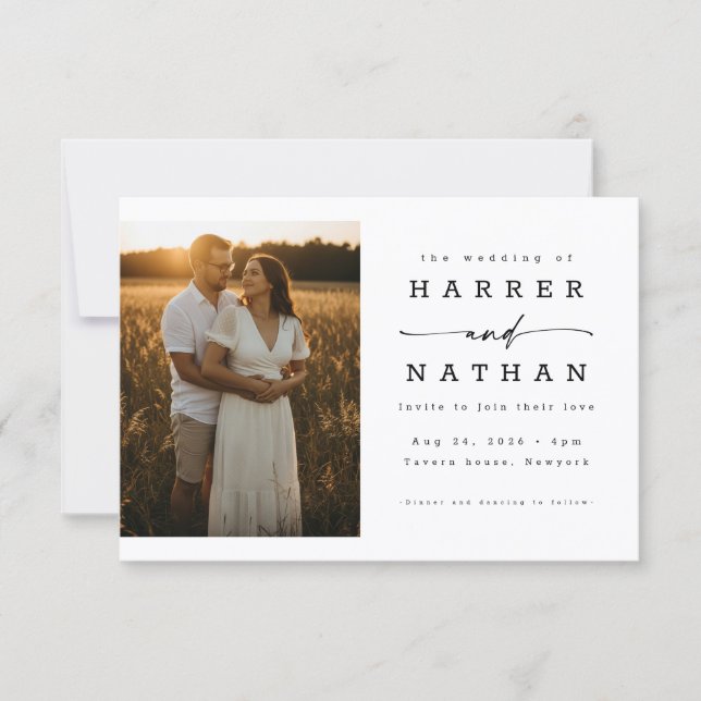 Invitation Élégant Code QR de Photo de Mariage de Script Mode (Devant)
