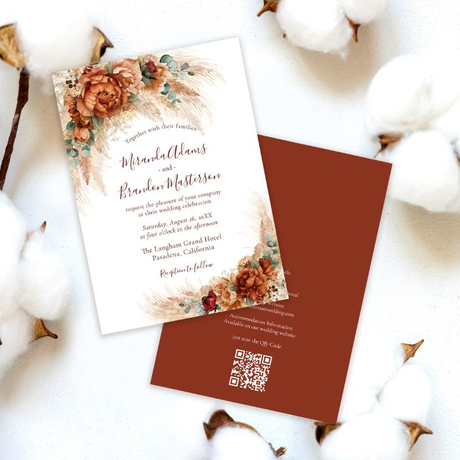 Invitation Élégant Code QR en Terre Cuite Floral Mariage Bohè (Créateur téléchargé)
