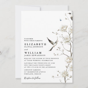 Invitation Élégant Code QR Floral Chinoiserie Blanc Mariage