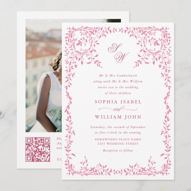 Invitation Élégant code QR Mariage de cadre Floral Ornate fra (Devant / Derrière)