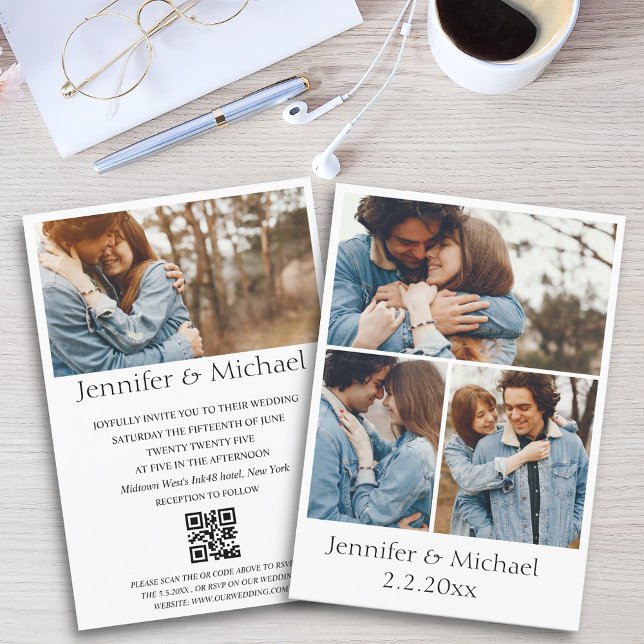 Invitation élégant code qr minimal rsvp 4 photos mariage (Créateur téléchargé)