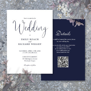 Invitation Élégant Code QR Moderne Mariage Bleu Nuit
