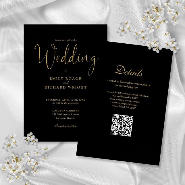 Invitation Élégant Code QR moderne Mariage noir et or (Elegant Modern QR Code Black And Gold Wedding Invitation)