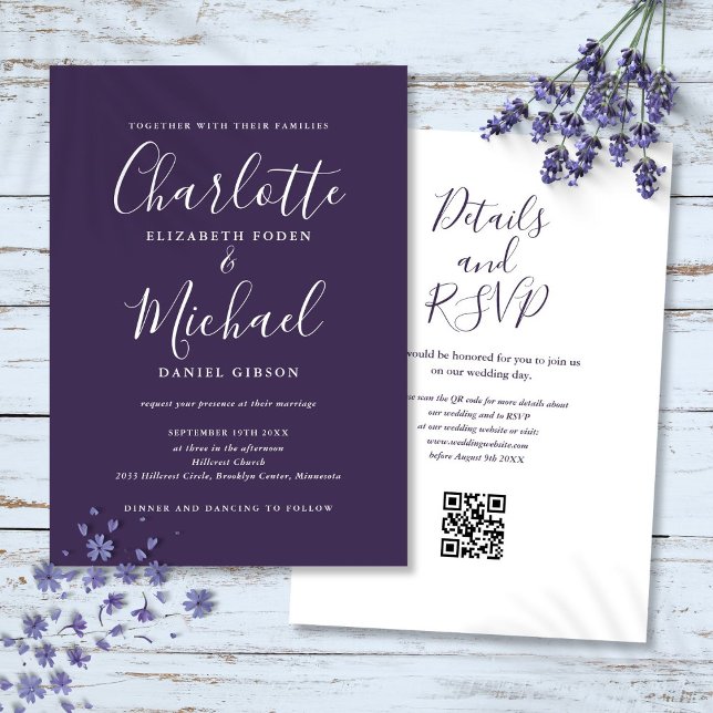 Invitation Élégant Code QR Moderne Violet Mariage Script (Elegant Script Purple Modern QR Code Wedding Invitation)
