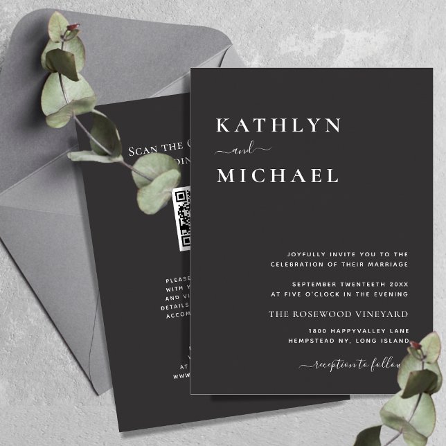 Invitation Élégant code QR noir tout en un Mariage moderne (Créateur téléchargé)