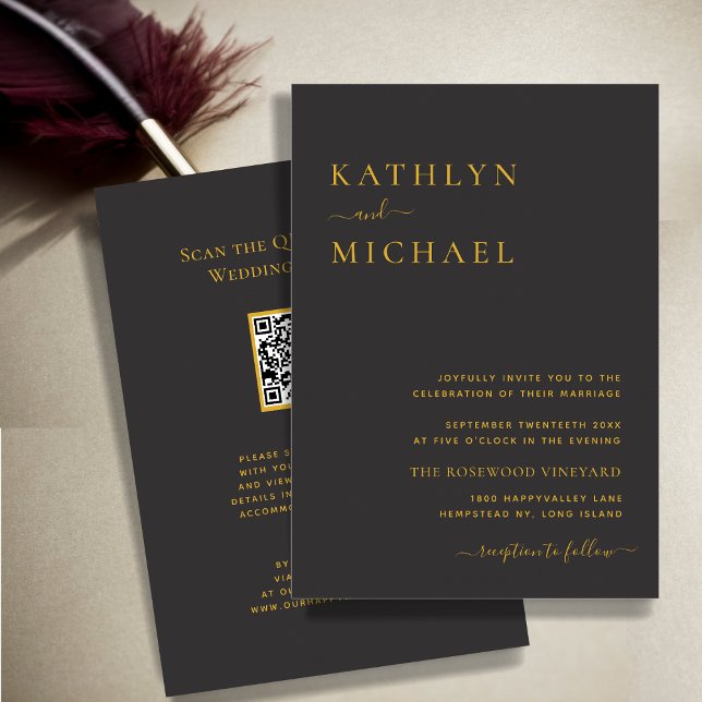 Invitation Élégant code QR noir tout en un Mariage moderne (Créateur téléchargé)
