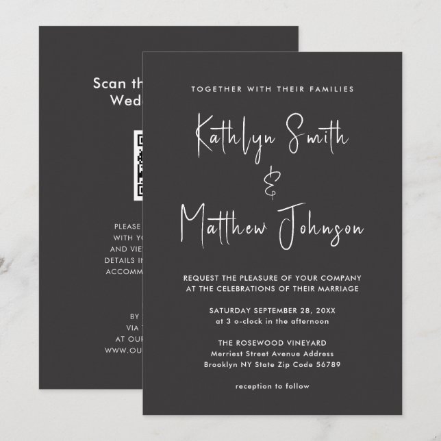 Invitation Élégant code QR noir tout en un Mariage moderne (Devant / Derrière)