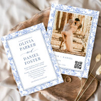 Élégant Code QR Photo Floral Bleu Français