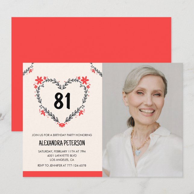 Invitation Elégant Coeur Floral Rouge pour ses 81 ans (Devant / Derrière)