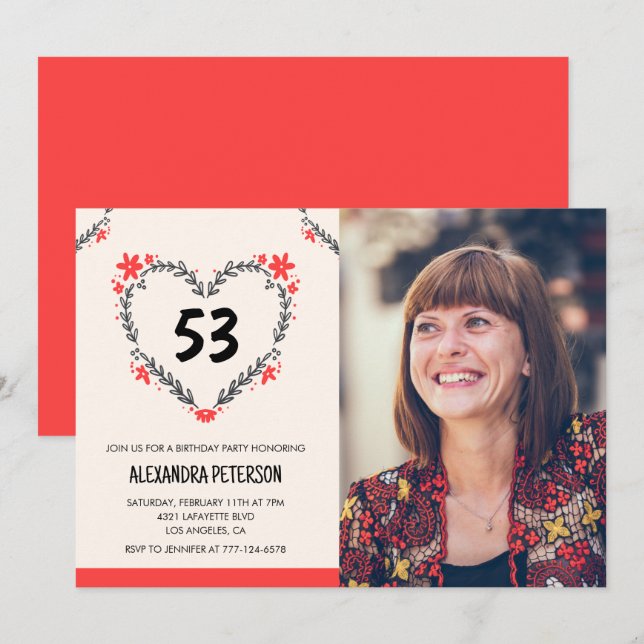 Invitation Elégant coeur floral rouge pour son 53e anniversai (Devant / Derrière)