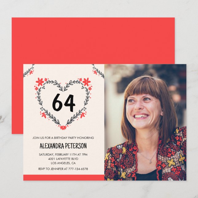 Invitation Elégant coeur floral rouge pour son 64e anniversai (Devant / Derrière)