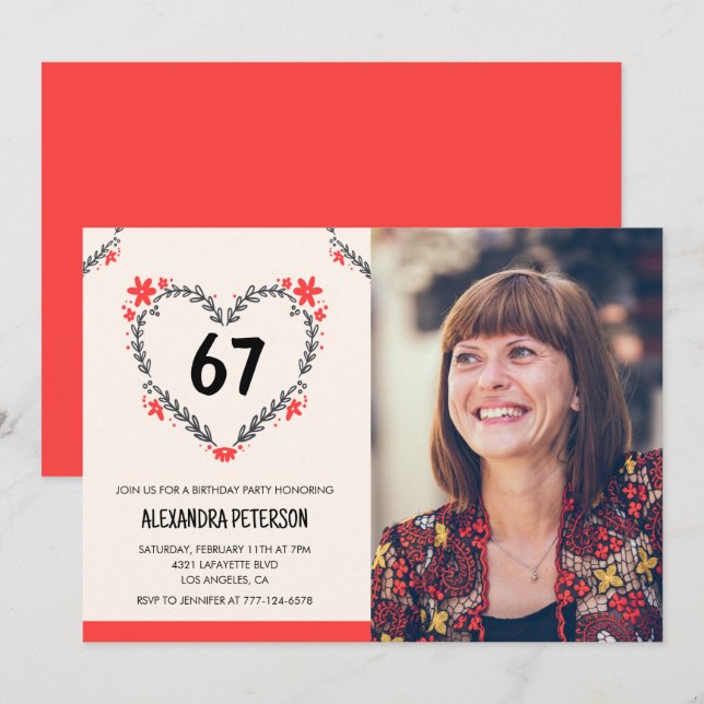 Invitation Elégant coeur floral rouge pour son 67e anniversai (Devant / Derrière)