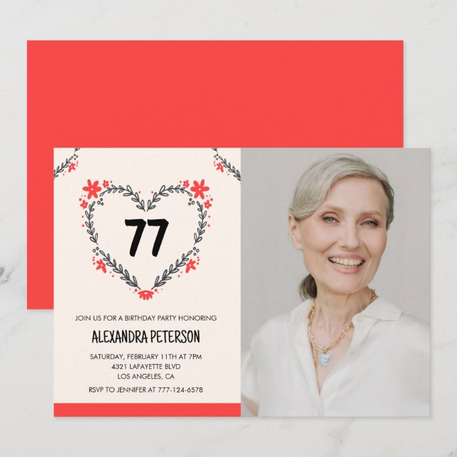 Invitation Elégant Coeur Floral Rouge pour son 77e anniversai (Devant / Derrière)