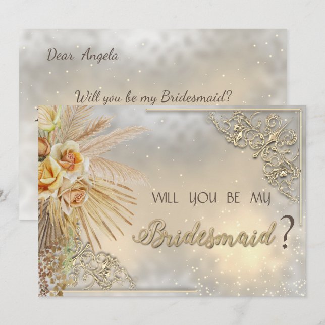 Invitation Elégant Coeurs d'or Chic Fleurs de Boho (Devant / Derrière)