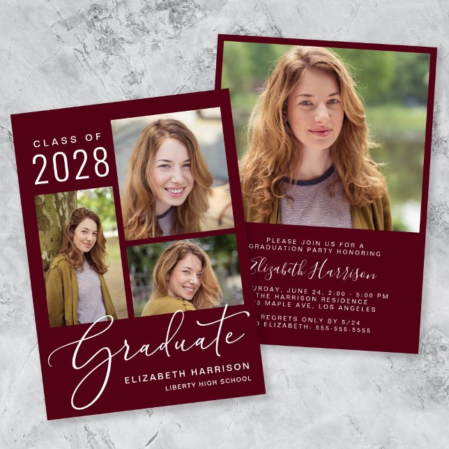 Invitation Elégant Collage Photo Burgundy Graduation Party (An elegant photo collage graduation party invitation to celebrate the graduate's achievements)