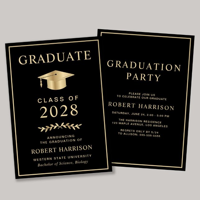 Invitation Elegant College Black Gold Party (An elegant college graduation party invitation to celebrate the graduate's achievements)