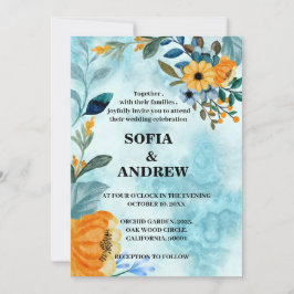 Invitation Elégant coloc à eau à fleurs bleu chic